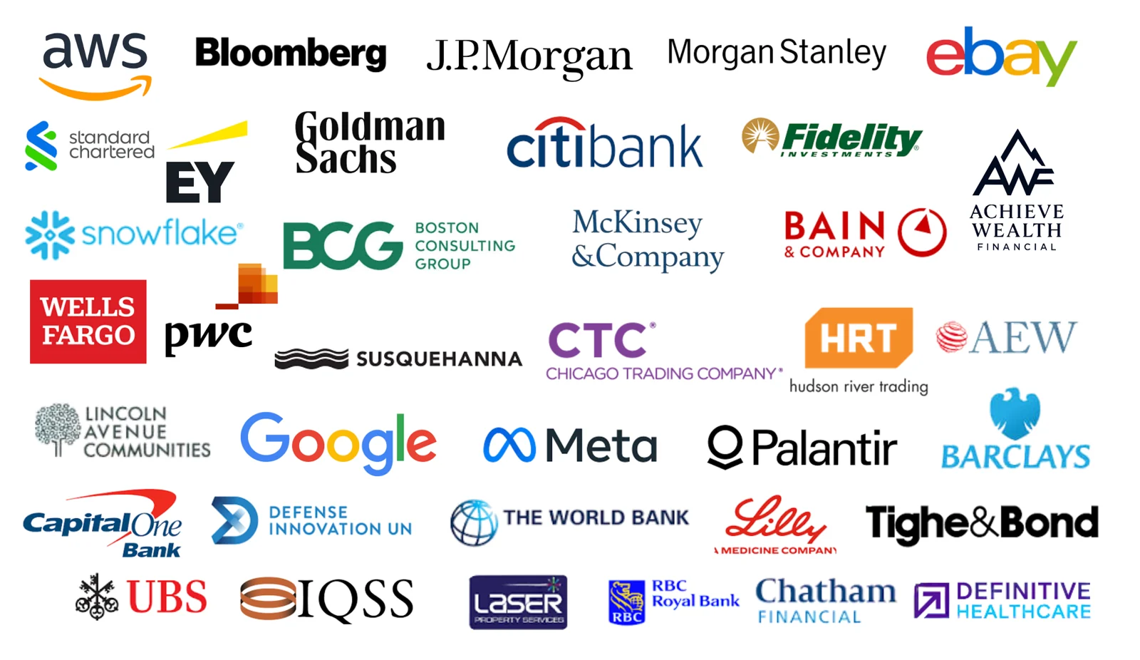 Logos of representative employers of KMF Scholars, including AWS, Bloomberg, J.P. Morgan, Morgan Stanley, eBay, Standard Chartered, EY, Goldman Sachs, Citibank, Fidelity, Snowflake, BCG, McKinsey & Company, Bain & Company, Wells Fargo, PwC, Susquehanna, Chicago Trading Company, Hudson River Trading, AEW, Google, Meta, Palantir, Barclays, Capital One, Defense Innovation Unit, The World Bank, Lilly, Tighe & Bond, UBS, IQSS, RBC Royal Bank, Chatham Financial and Definitive Healthcare
